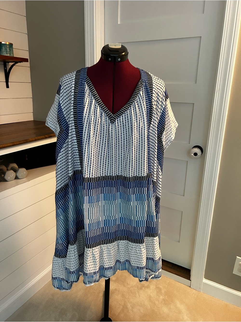 Free People Beach Blue and White V-Neck Striped Geometric Tunic